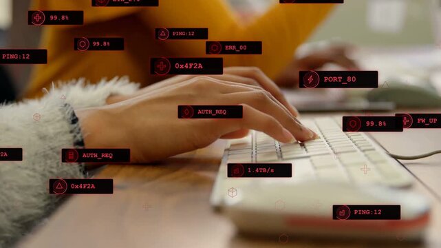 Hands on keyboard starting typing, moving to mouse, clicking as overlays appearing, showing metrics