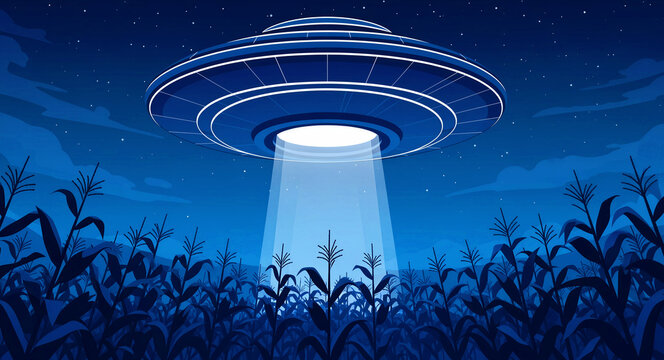 UFO hovering over a dark cornfield and beaming a bright light downwards at night. Vector illustration of a flying saucer spacecraft. Sci-fi mystery concept, ideal for alien encounter stories.