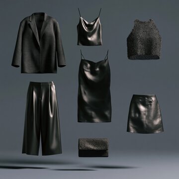 Black fashion editorial featuring ghost mannequin display of various summer garments including a blazer, tops, dress, shorts, and a handbag against a neutral background