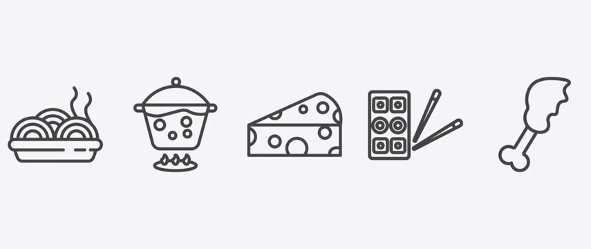 restaurant icon set with boiling water pan, piece of cheese, sushi mix, chicken thigh signs in flat outline style