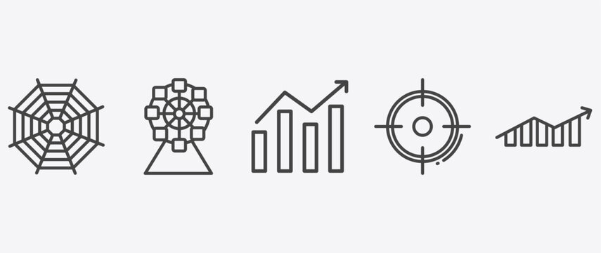 business and finance icon set with big ferris wheel, stock market, target, increase rate signs in flat outline style