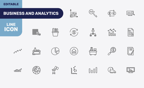 business and analytics icon set with tones, search analytics, currency exchange, bars graphic on screen signs in flat outline style