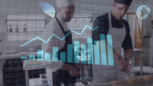 ANALYSING panel appearing, chefs stirring pan on hob in kitchen, charts tracking metrics over chefs