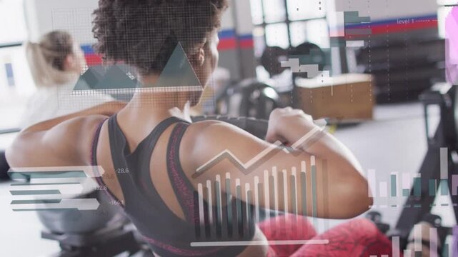 Lead woman gripping handle, initiating rowing strokes in gym, analytics overlay tracking cadence