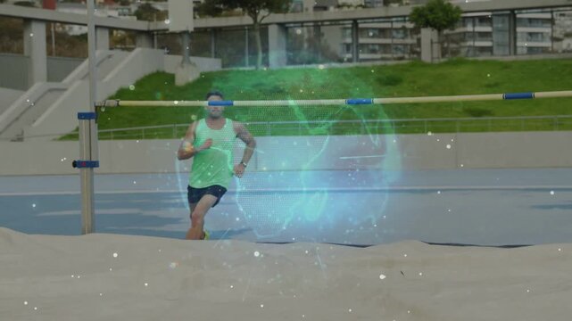Male athlete sprinting toward sand pit, planting, clearing bar and landing as teal sphere fading