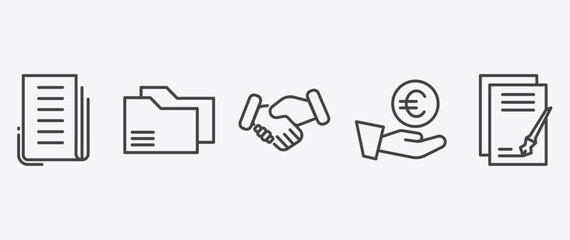 Obraz premium business icon set with two folders, shaking hands, euro coin on hands, signs in flat outline style