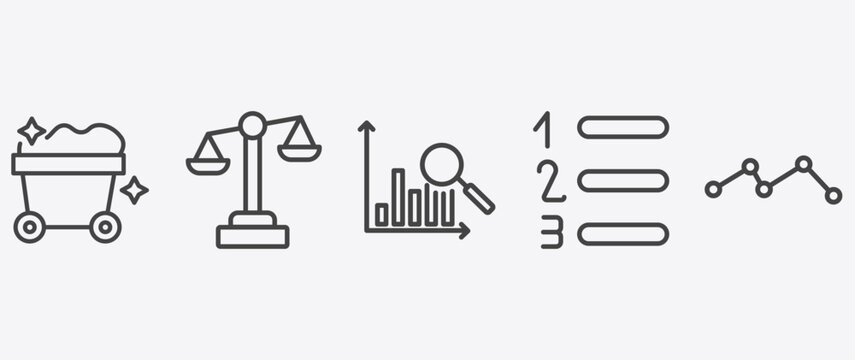 business and analytics icon set with legal, bars chart analysis, numbered information, graph signs in flat outline style