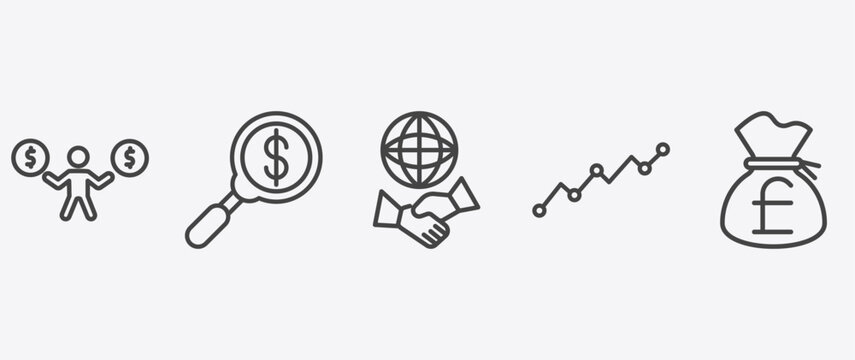 business and finance icon set with money finder, partners in business, lines, pounds money bag signs in flat outline style