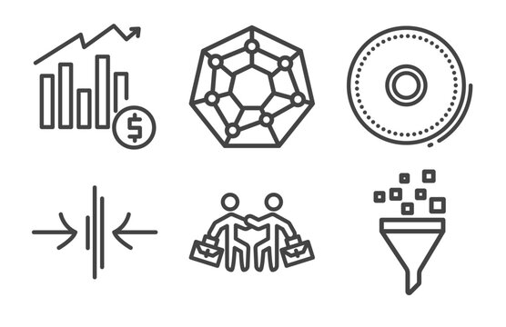 business and analytics icon set with profit report, radar chart, thin, funneling data signs in flat outline style
