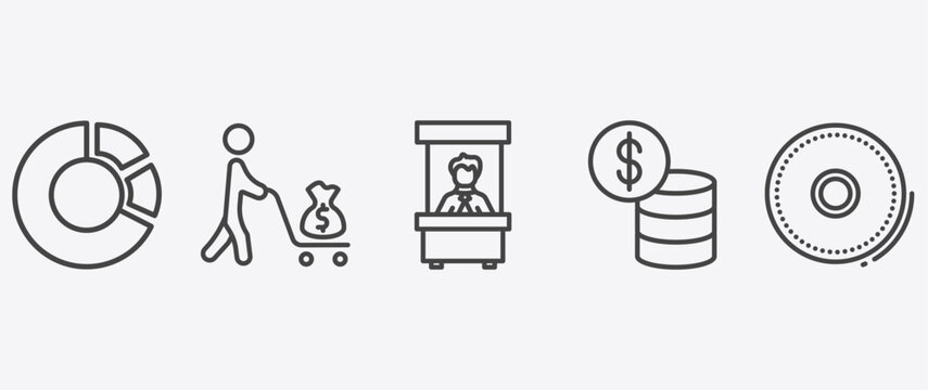 business icon set with man carrying money, bank teller, dollar coins stack, full circle signs in flat outline style