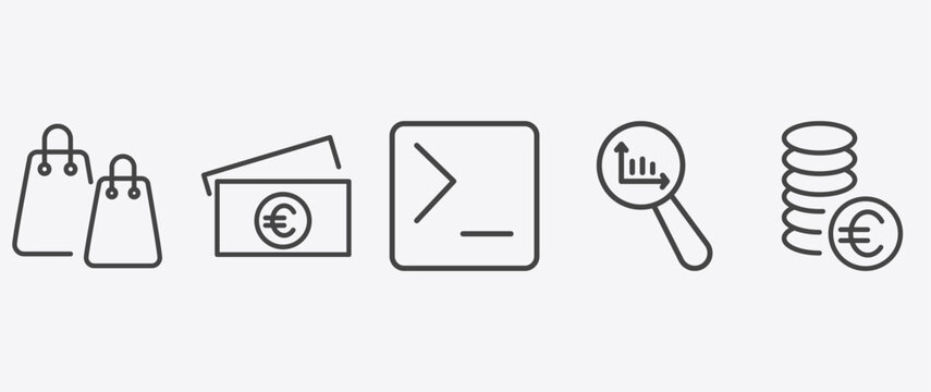 business and finance icon set with euro bills, terminal, data analytics, euro coins stack signs in flat outline style