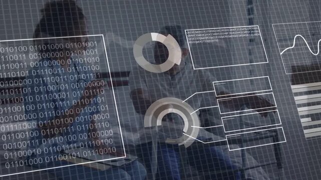 Doctor pointing tablet and patient tapping, binary panel shifting into medical dashboard for review