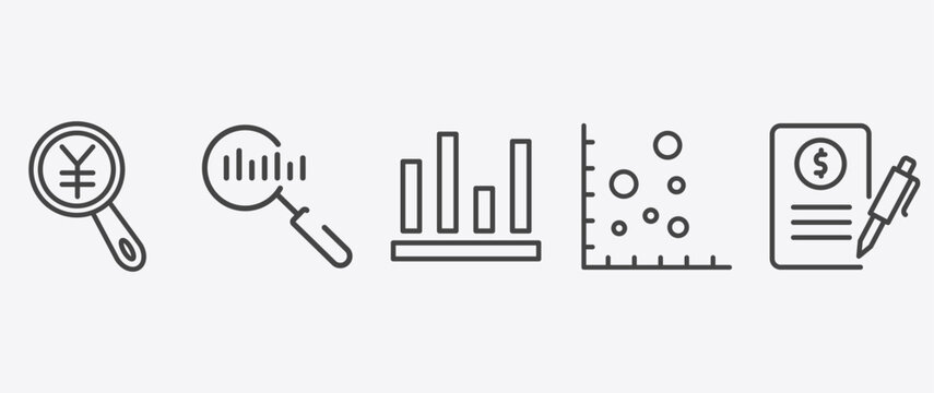 business and finance icon set with search analytics, column chart, scatter chart, bailment signs in flat outline style