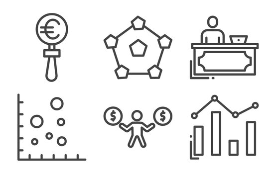 business icon set with euro under magnifier, item interconnections, scatter chart, bar diagram signs in flat outline style