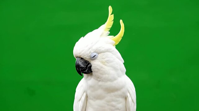 Close-Up of a White Cockatoo with Yellow Crest Isolated on a Vivid Green Screen Background