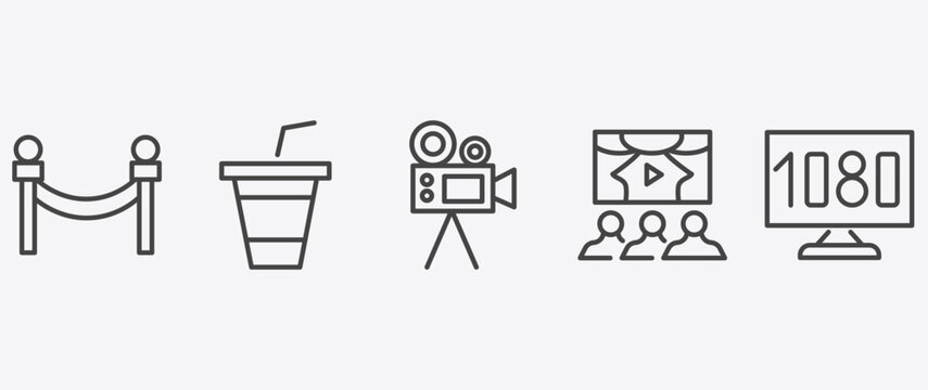 cinema and theater icon set with papper cup with straw, movie camera, theatre screen, 1080p hd tv signs in flat outline style