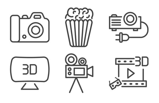 cinema and theater icon set with dslr camera, popcorn bag, 3d television, 3d movie signs in flat outline style