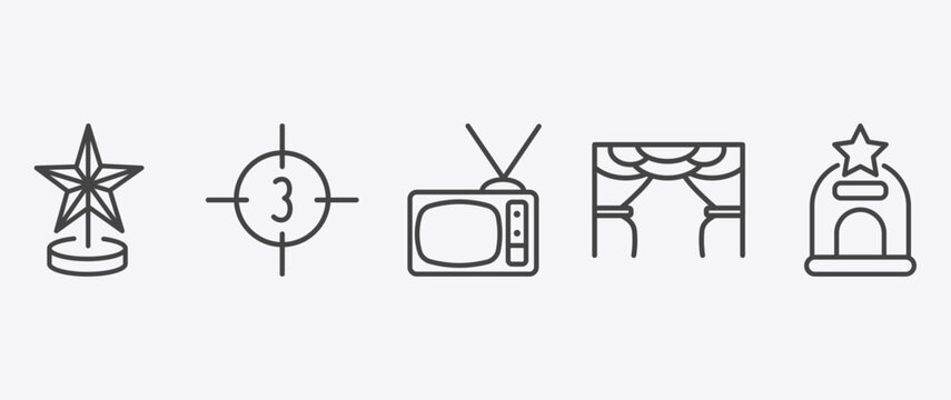 cinema and theater icon set with movie countdown, television with antenna, cinema curtain, cinema ticket window signs in flat outline style