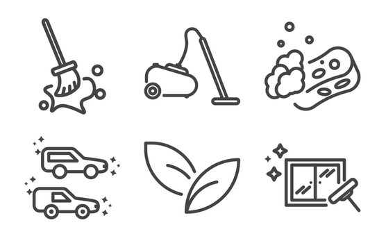 cleaning icon set with wiping swipe for floors, vacuum cleanin, clean cars, window cleanin signs in flat outline style