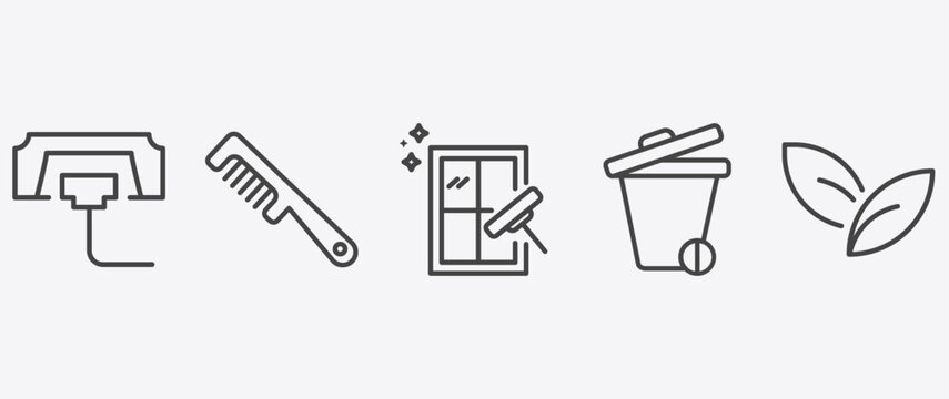 cleaning icon set with comb cleanin, clean window, trash cleanin, leaves signs in flat outline style