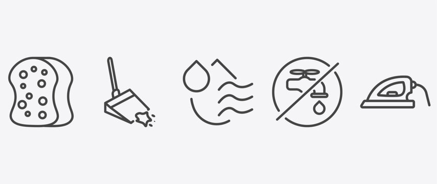 cleaning icon set with dustpan cleanin, dry, no water cleanin, iron cleanin signs in flat outline style