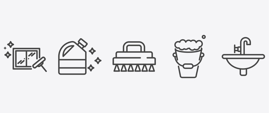 cleaning icon set with bleach cleanin, wiping brush, wiping tray tool, sink signs in flat outline style