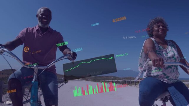 On start camera following man left woman right riding bikes, summoning AR charts tracking fitness