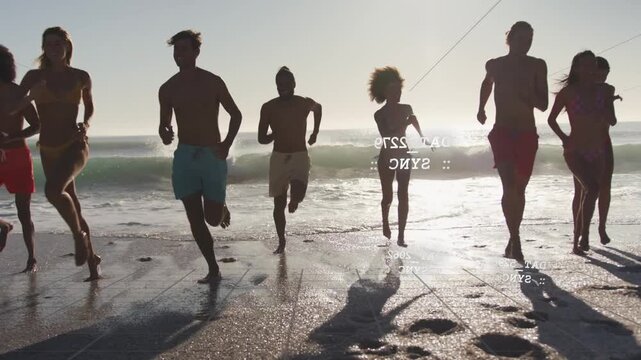 Group of eight adults running from sea toward camera for fitness, white overlays showing footprints