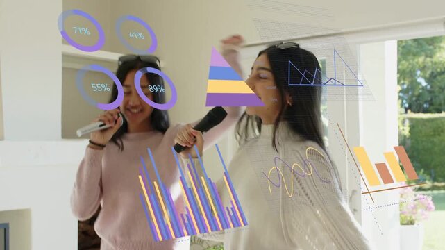 Left singer starting song, two singers practicing music with mics while charts overlaying singers