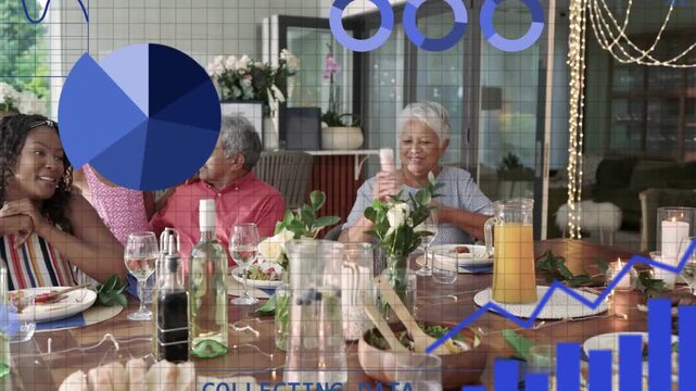 Senior woman twisting and releasing popper, family celebrating, analytics charts growing over table