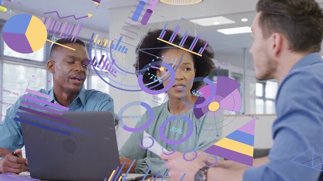 Team reviewing charts and PC woman holding chart starting animated graphs rising over business data