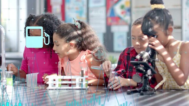 Student adjusting microscope initiating turquoise icons while classmates pouring cups for STEM