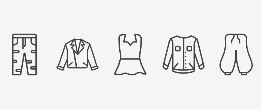 clothes and outfit icon set with leather biker jacket, peplum top, denim jacket, harem pants signs in flat outline style