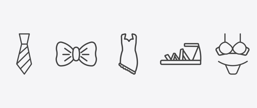 clothes and outfit icon set with bow tie, jersey wrap dress, gladiator sandal, lingerine signs in flat outline style