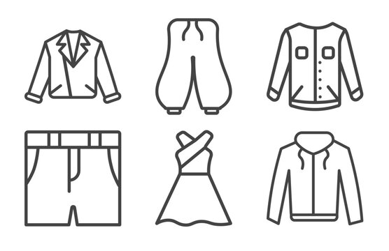clothes and outfit icon set with leather biker jacket, harem pants, denim shorts, hooded jacket signs in flat outline style