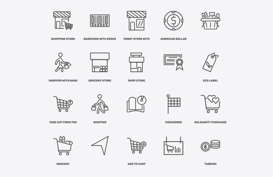 commerce and marketing icon set with shopping store, barscode with zeros, front store with awning, take out from the cart signs in flat outline style