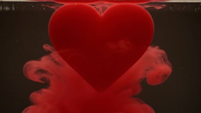 A red heart shape floats in water with smoke around it.