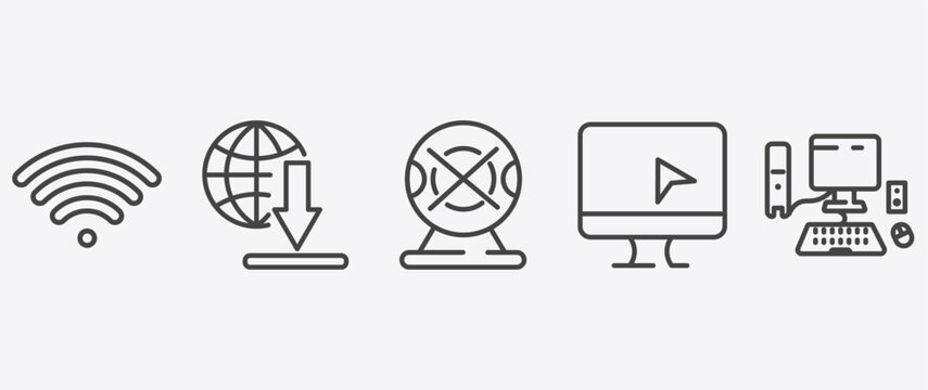 computer and tech icon set with download from the net, webcam disconnected, computer monitor, computer signs in flat outline style