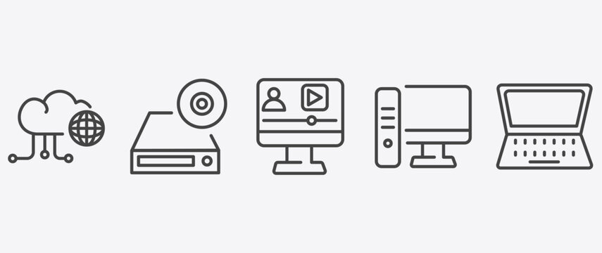 computer and tech icon set with dvd drive, video lecture, workstation, open laptop on signs in flat outline style