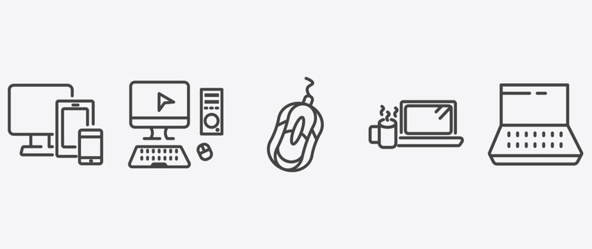 computer and tech icon set with full computer, mouse device, morning work, widescreen laptop signs in flat outline style