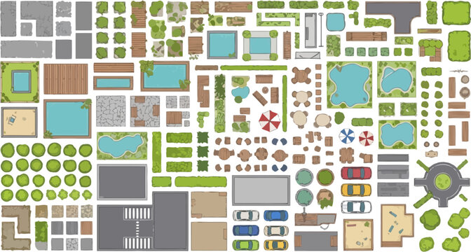 Landscape design elements architectural site plan symbols flat vector top view collection for garden and urban planning illustration