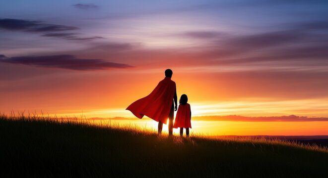 Sunset hero and child in dramatic red cape against golden horizon silhouette
