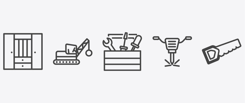 construction icon set with derrick with ball, tool bag, , big saw signs in flat outline style