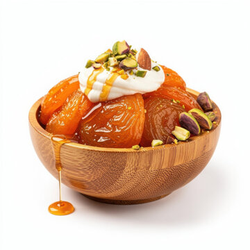 Kubani Ka Meetha in Bamboo Bowl Isolated on White Background Square Composition Studio Shot