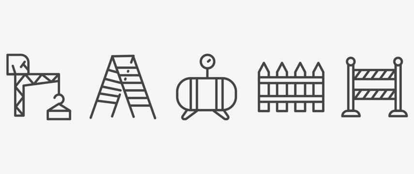 construction icon set with double ladder, , garden fence, road barrier signs in flat outline style