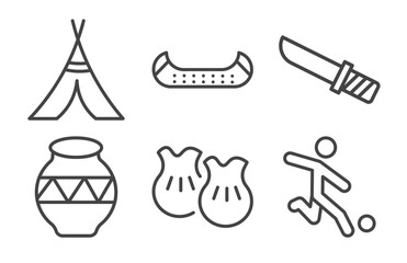 culture and civilization icon set with native american wigwam, native american canoe, native american pot, brazil soccer player signs in flat outline style © Abstract