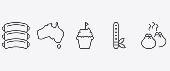 Fototapeta premium culture and civilization icon set with australian continent, cake with a flag, native american flute, dumplings signs in flat outline style