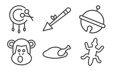 culture and civilization icon set with native american drum, native american spear, chimp face of brazil, gecko top view shape signs in flat outline style © Abstract