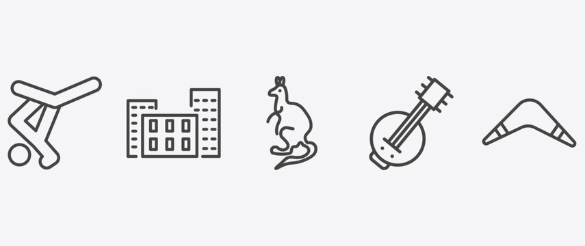 culture and civilization icon set with bo kaap, australian kangaroo, kora, australian boomerang signs in flat outline style
