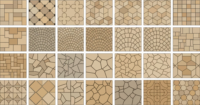 Paving patterns stone floor textures vector flat design collection set with geometric and organic shapes for architectural landscaping projects